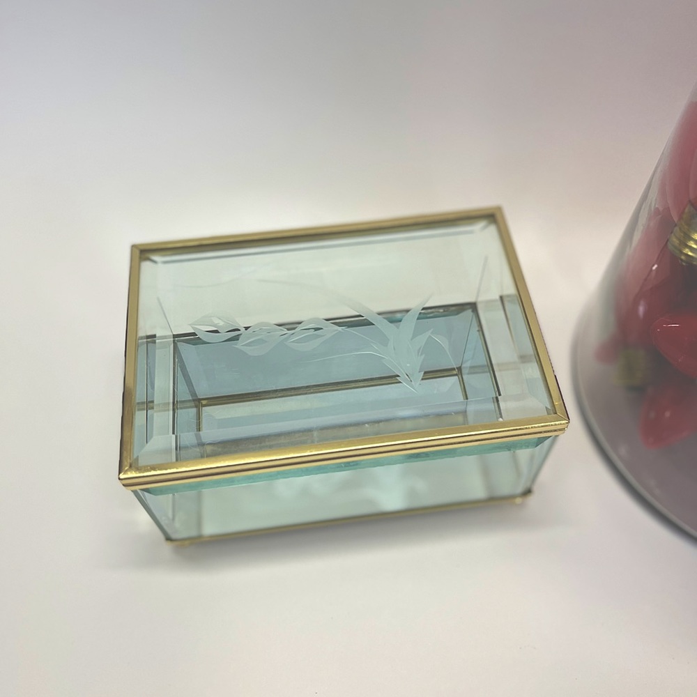 Vtg Glass Jewelry Box wEtched Flower Design, Mirror Glass Base & Brass F…
